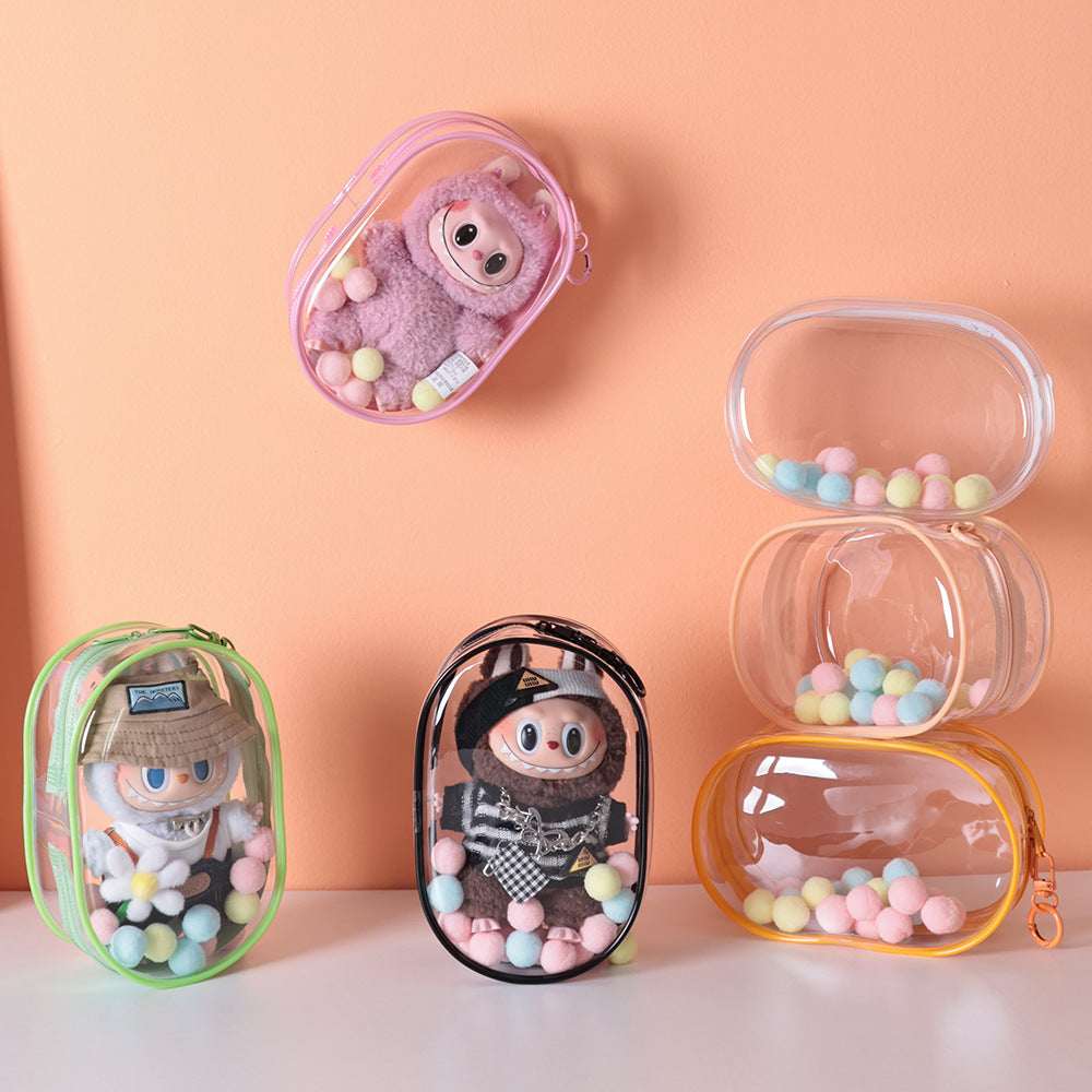 Labubu Display Bag Transparent PVC Dust Proof with Keychain, 18cm/7.1in High