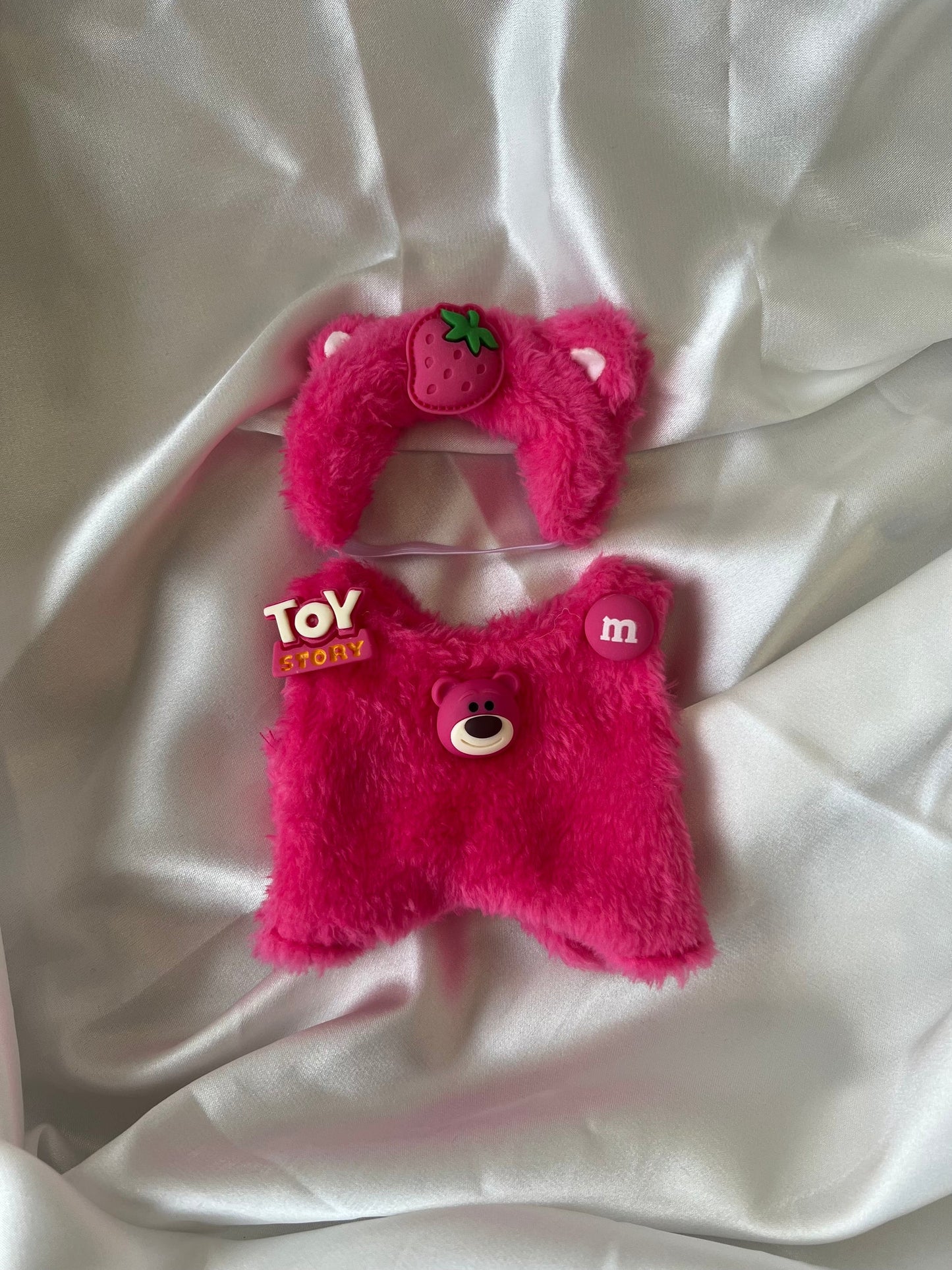 Labubu Berry Bear Set - Pink Fluffy Onesie & Strawberry Hood for 17CM/6.7IN Labubu Dolls