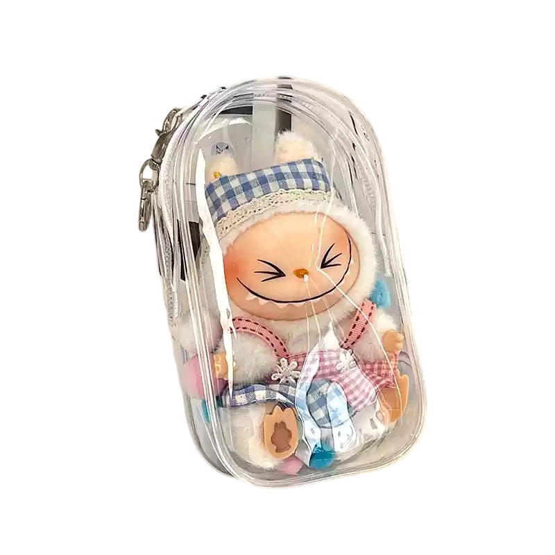 Labubu Transparent Display Bag – Clear PVC Dustproof Case with Keychain 19cm/7.5in High