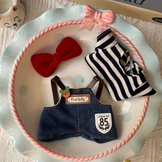 Labubu Red Bow & Striped Shirt Denim Outfit – Cute Handmade Clothes for 17CM/6.7IN Labubu Dolls