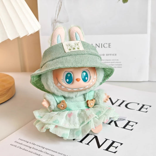 Labubu Heart Print Dress Set – Handmade Outfit with Hat & Floral Hair Clip for 17CM Dolls