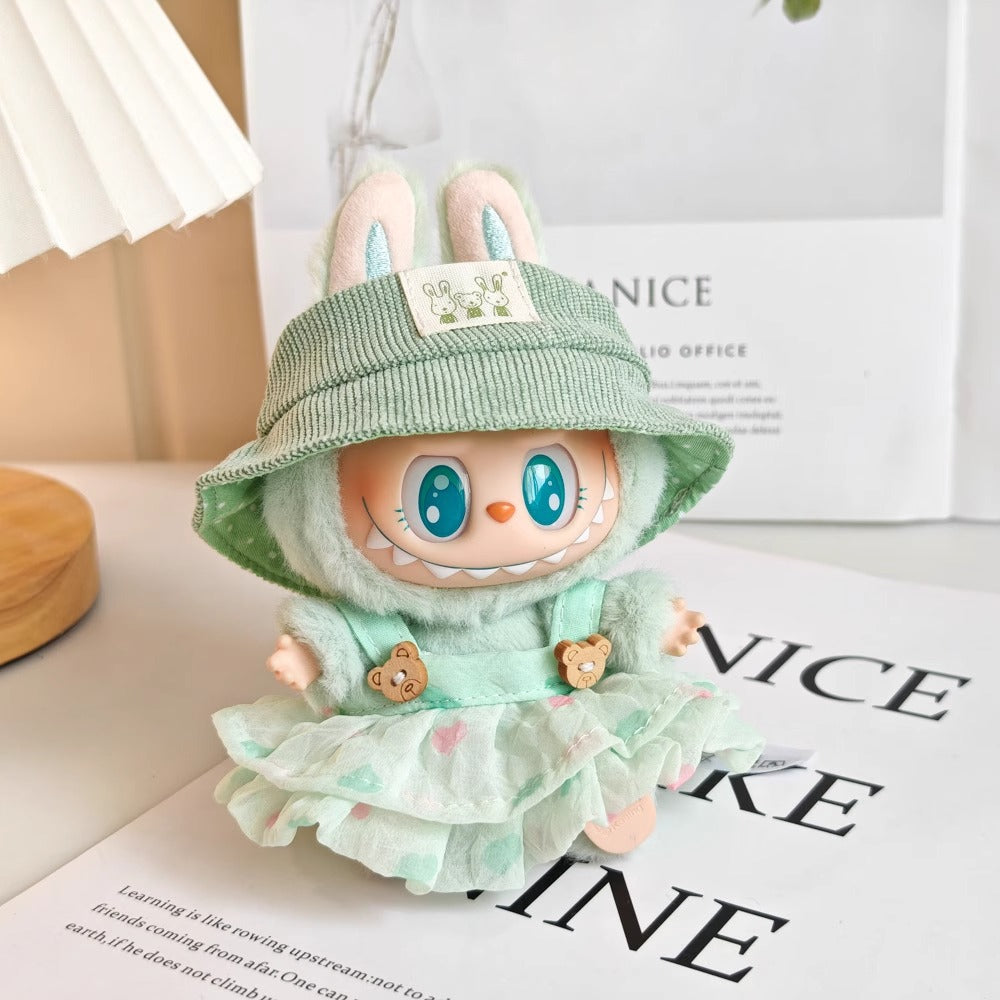 Labubu Heart Print Dress Set – Handmade Outfit with Hat & Floral Hair Clip for 17CM Dolls