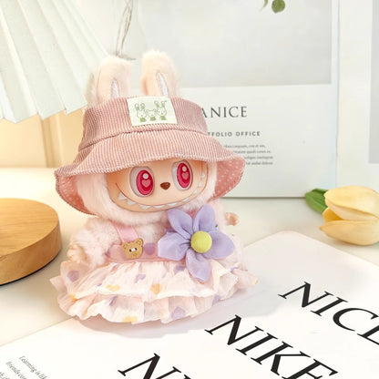 Labubu Heart Print Dress Set – Handmade Outfit with Hat & Floral Hair Clip for 17CM Dolls