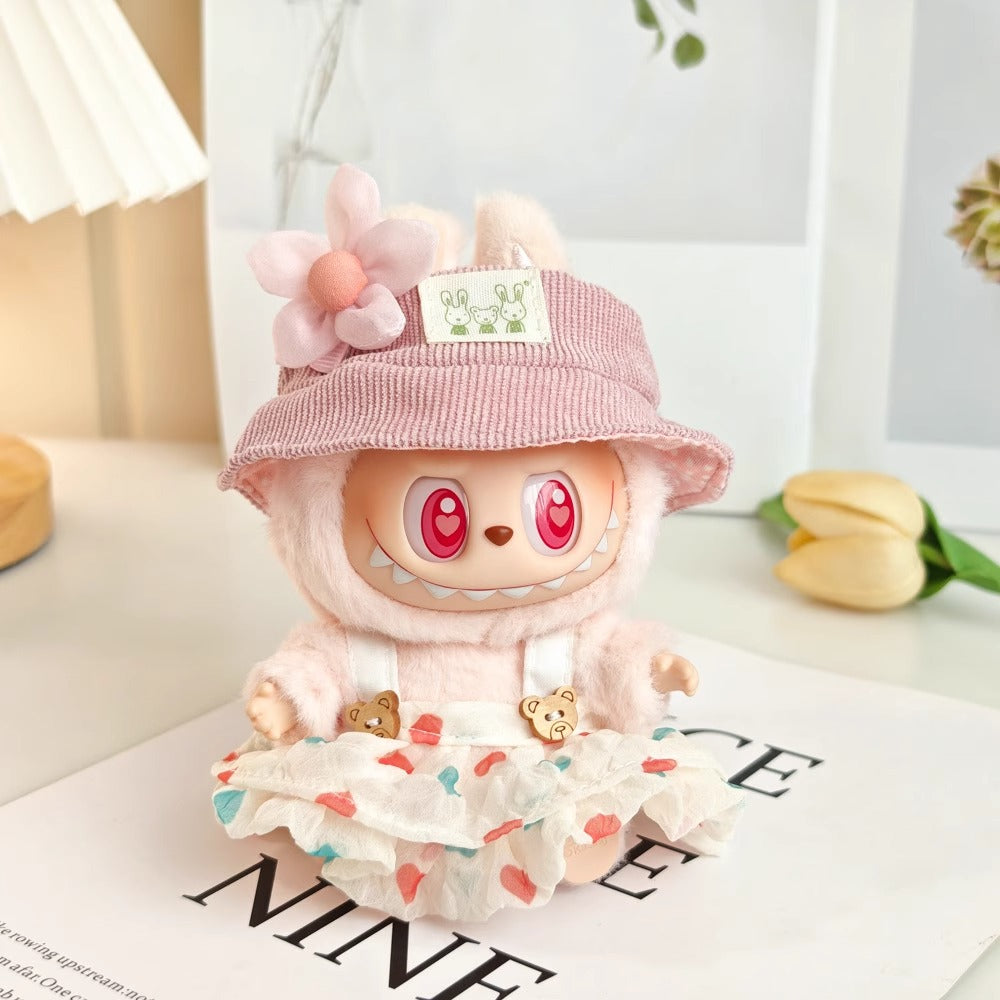 Labubu Heart Print Dress Set – Handmade Outfit with Hat & Floral Hair Clip for 17CM Dolls