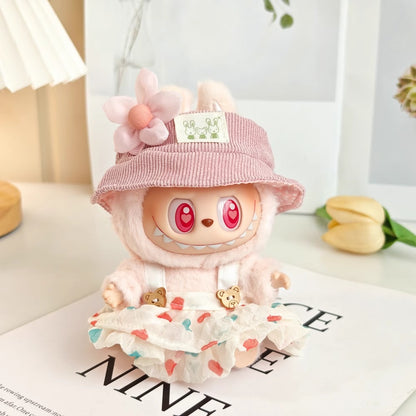 Labubu Heart Print Dress Set – Handmade Outfit with Hat & Floral Hair Clip for 17CM Dolls