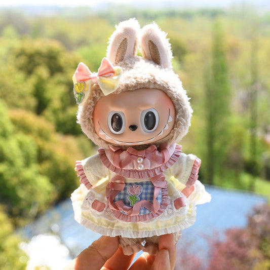 Labubu Tulip Dress Set – Handmade Embroidered Outfit with Bow Hair Clip for 17CM Dolls