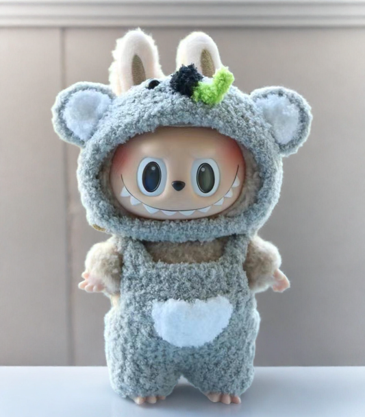 Labubu Koala Costume Set - Fuzzy Gray Onesie with Ears for 17CM/6.7IN Labubu Dolls