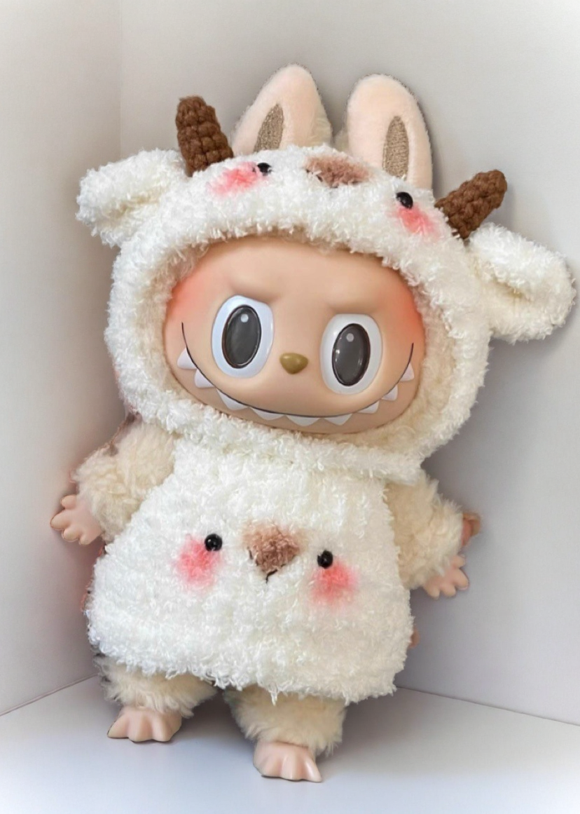 Labubu Fluffy Goat Costume Set - Cream White Onesie with Horns for 17CM/6.7IN Labubu Dolls