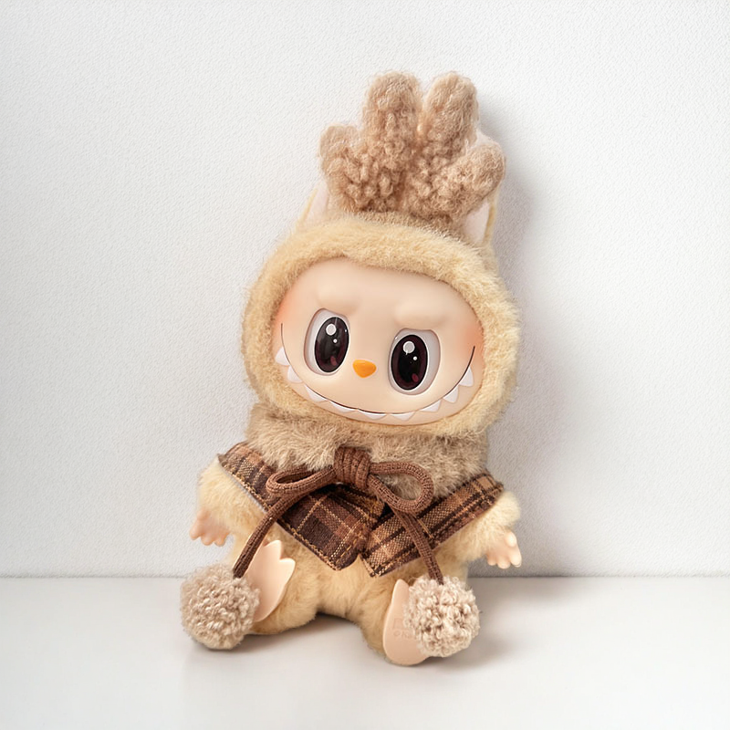 Labubu Cozy Reindeer Set - Beige Plush & Plaid Scarf Character Costume for 17CM/6.7IN Labubu Dolls